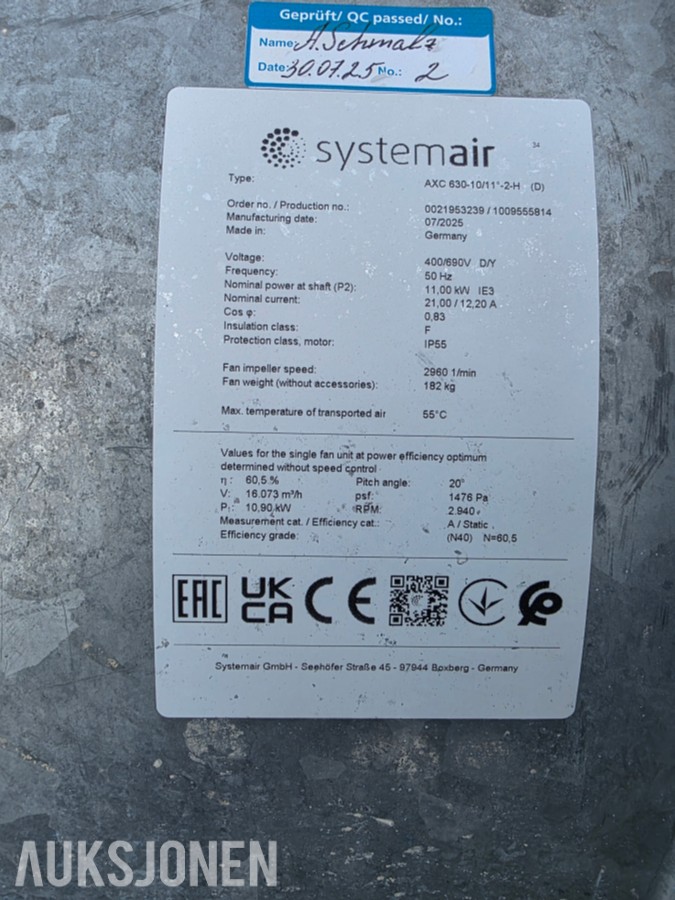 2025 Systemair vifter AXC 630 ubrukte 11 kw industrivifter
