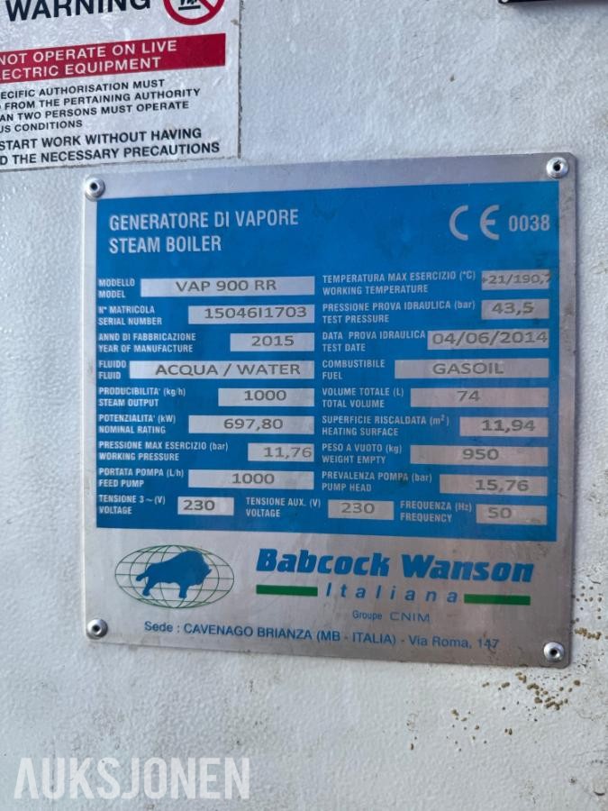 2015 Babcock Wanson VAP 900 RR steam generator.