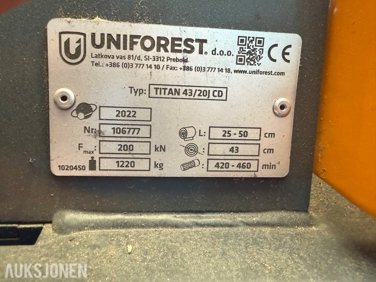 2022 Uniforest Titan 43/20J CD vedmaskin - OHpro - PTO-aksel