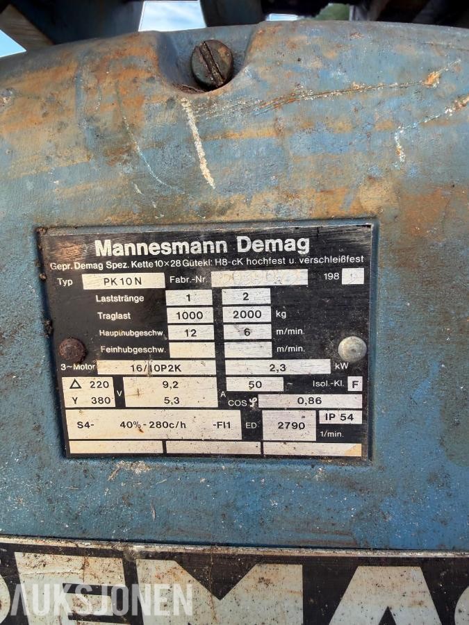 Mannesmann Demag PK 10 N elektrisk talje – 1.000/2.000 kg