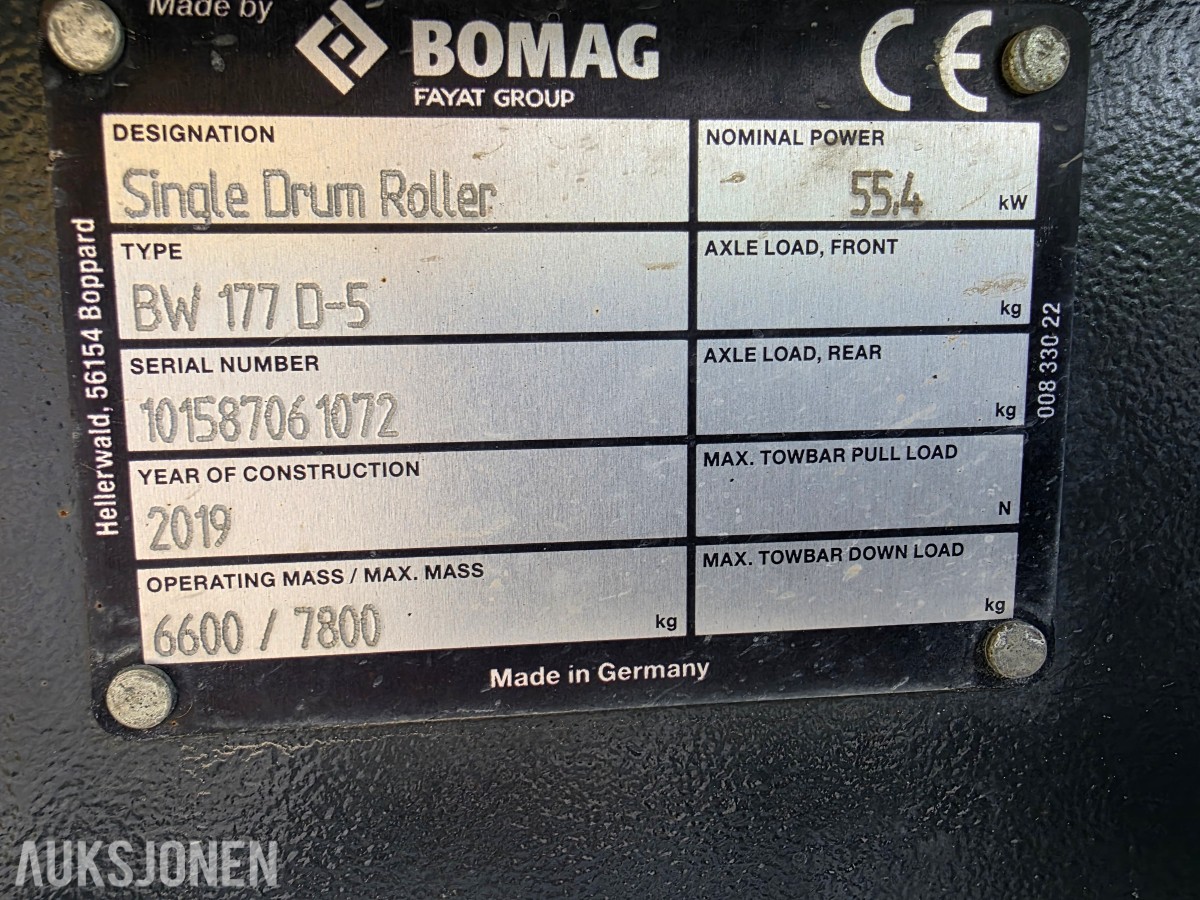 2019 Bomag vals BW 177 D-5 KUN 384 timer