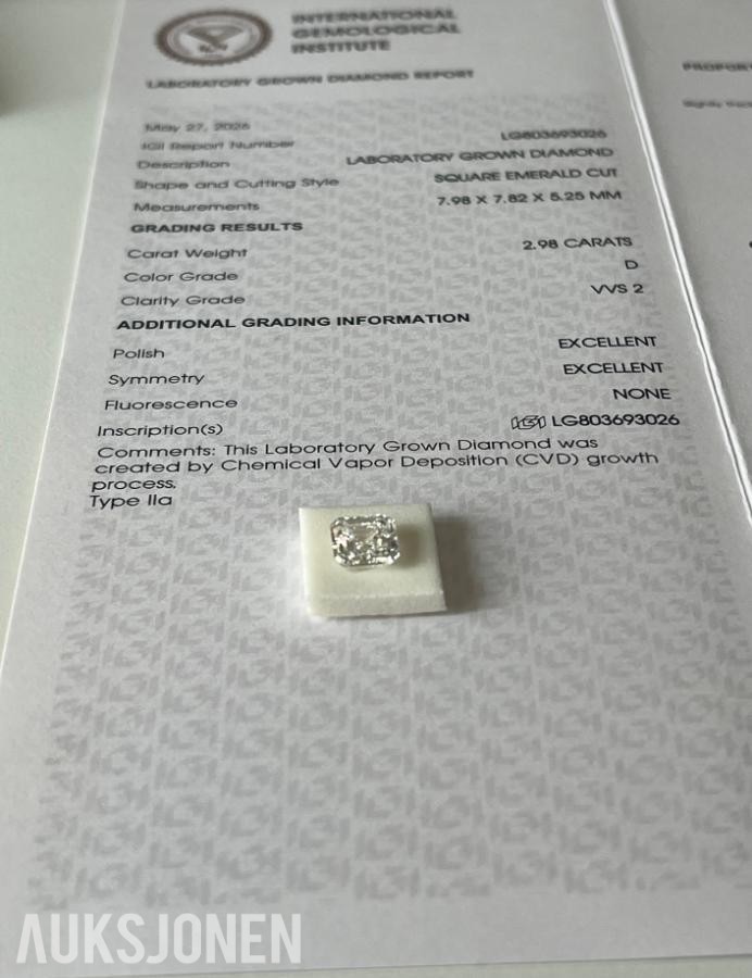 2.98CT DIAMANT | D/VVS2 | ASSCHER | IGI-SERTIFISERT!