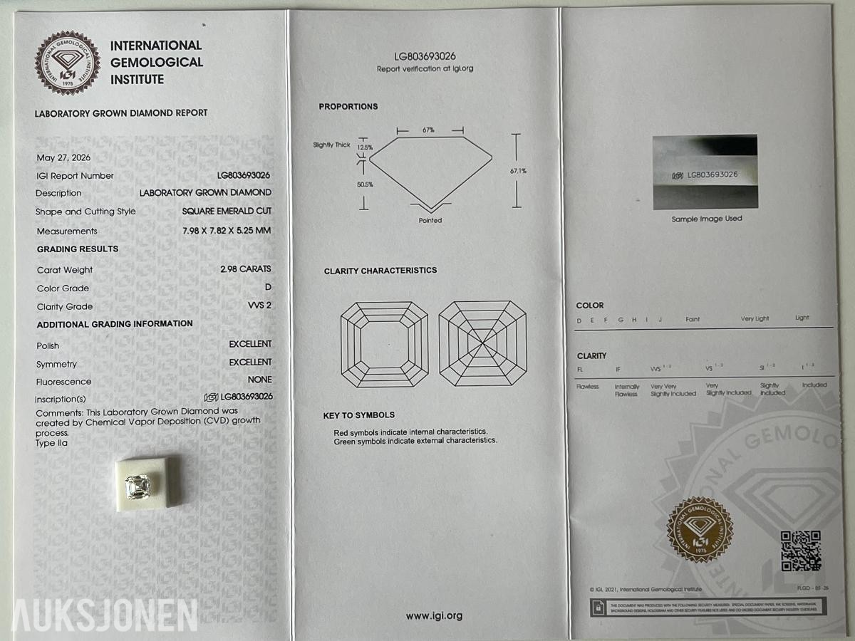 2.98CT DIAMANT | D/VVS2 | ASSCHER | IGI-SERTIFISERT!