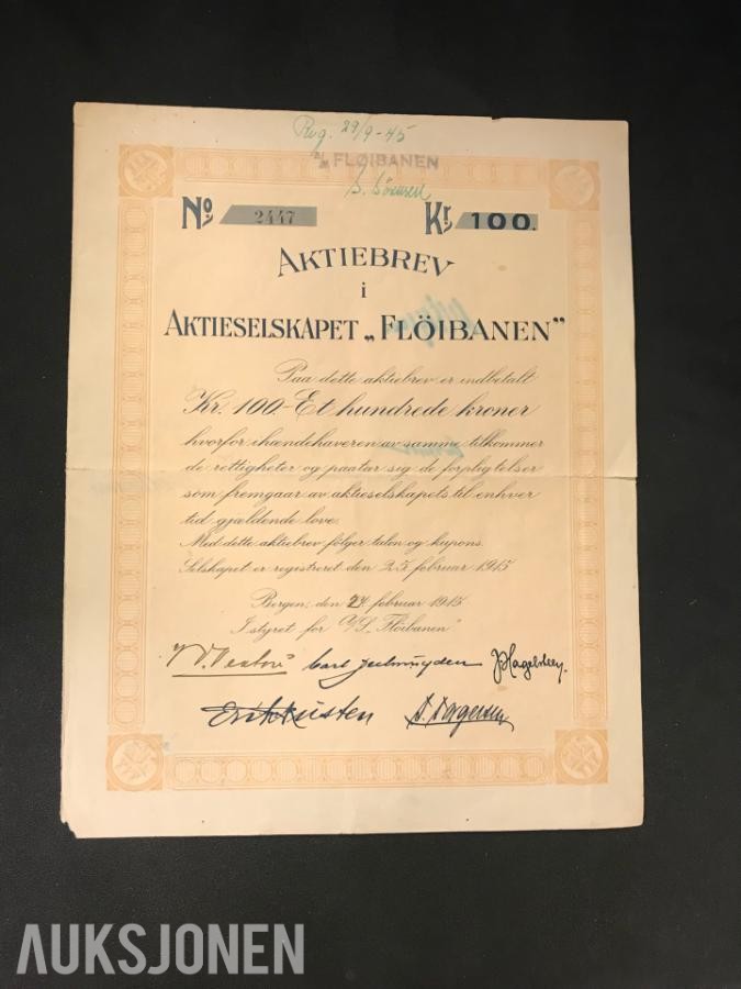 1915 Fløibanen AS - aksje Fløibanen