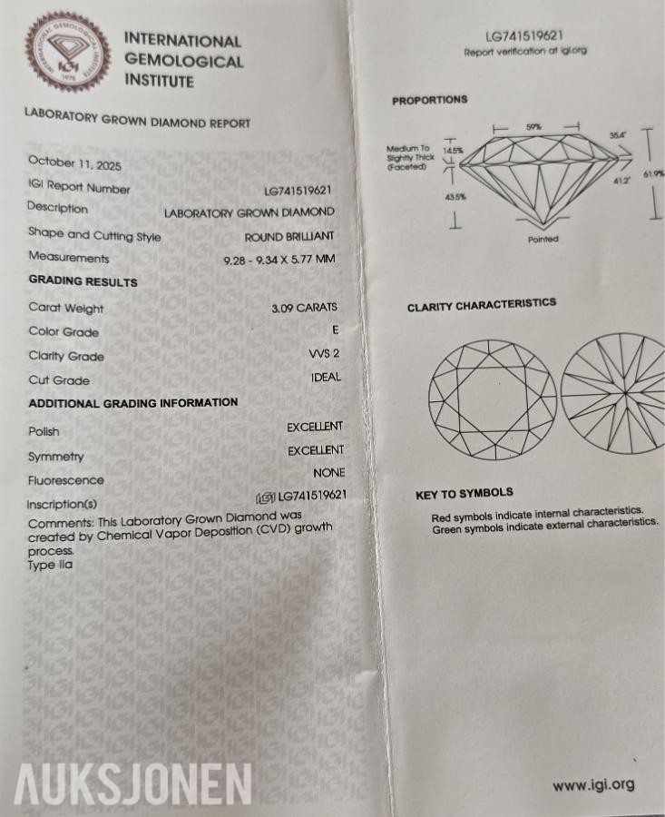 Diamant 3,09 ct, Farge E, Klarhet VVS2 og Triple Excellent.