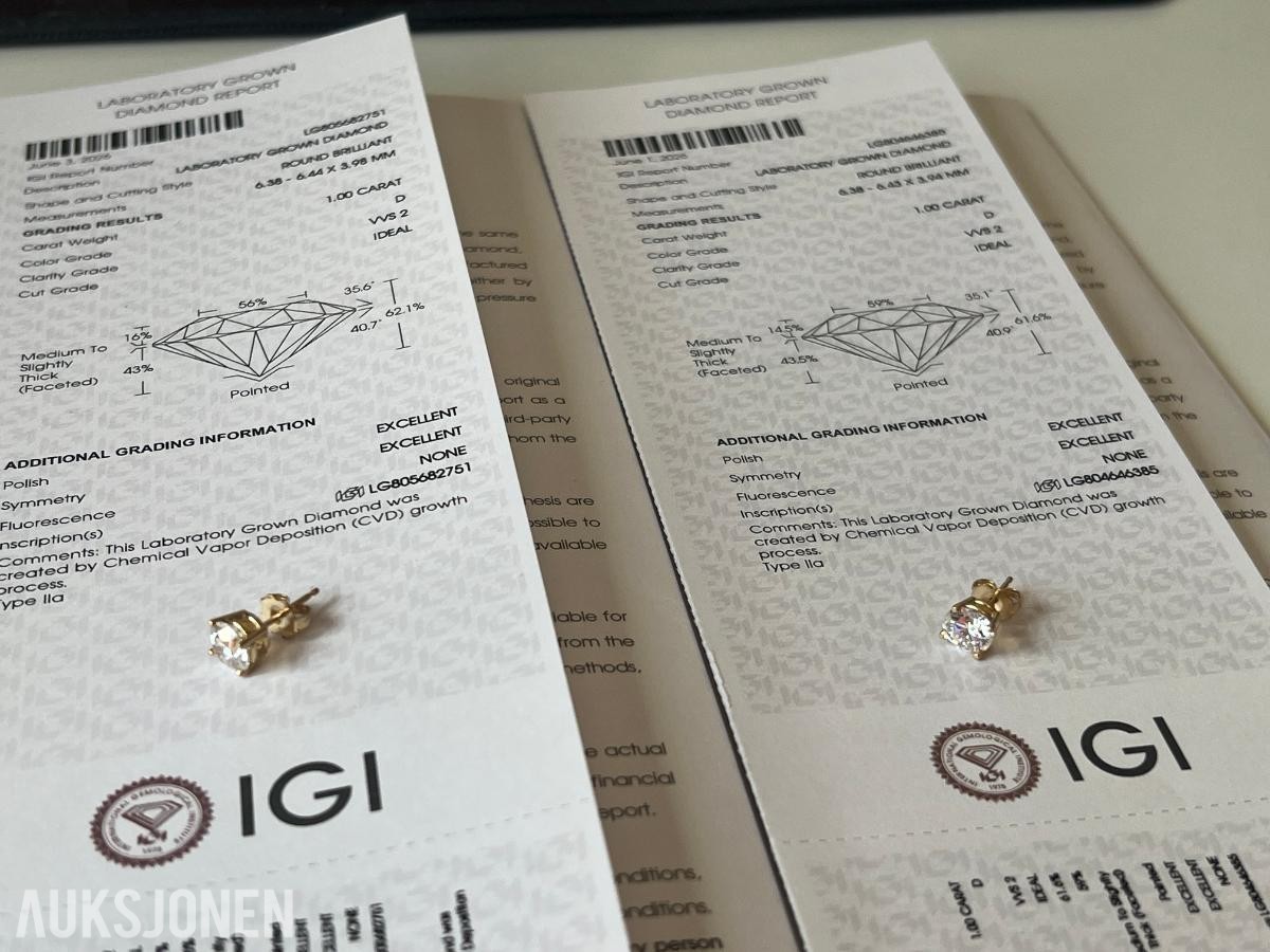 2.00Ct Diamantøredobber i Gult 18K Gull | IGI-sertifisert