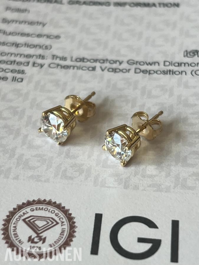 2.00Ct Diamantøredobber i Gult 18K Gull | IGI-sertifisert
