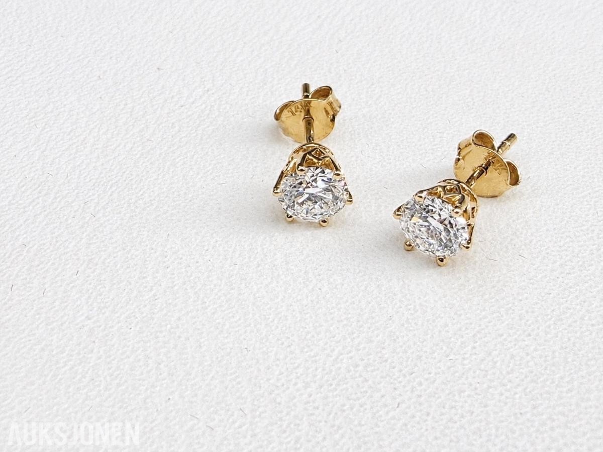Elegant gull diamantøredobber 1.10 ct – IGI-sertifisert 14kt 585