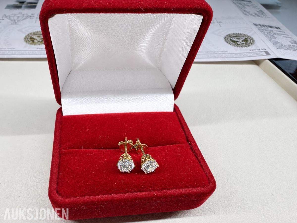 Elegant gull diamantøredobber 1.10 ct – IGI-sertifisert 14kt 585