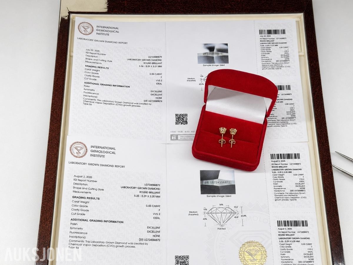 Elegant gull diamantøredobber 1.10 ct – IGI-sertifisert 14kt 585