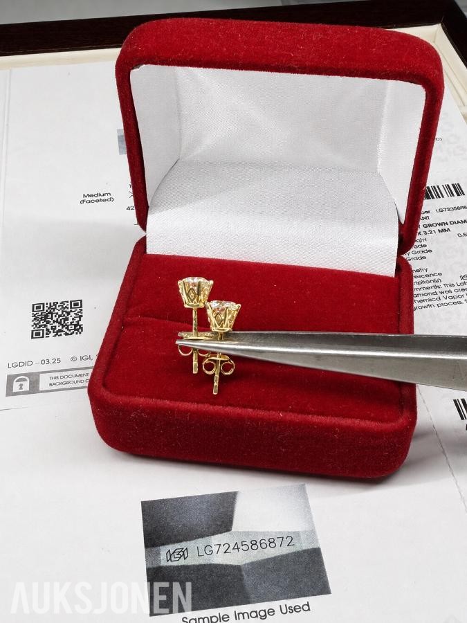 Elegant gull diamantøredobber 1.10 ct – IGI-sertifisert 14kt 585
