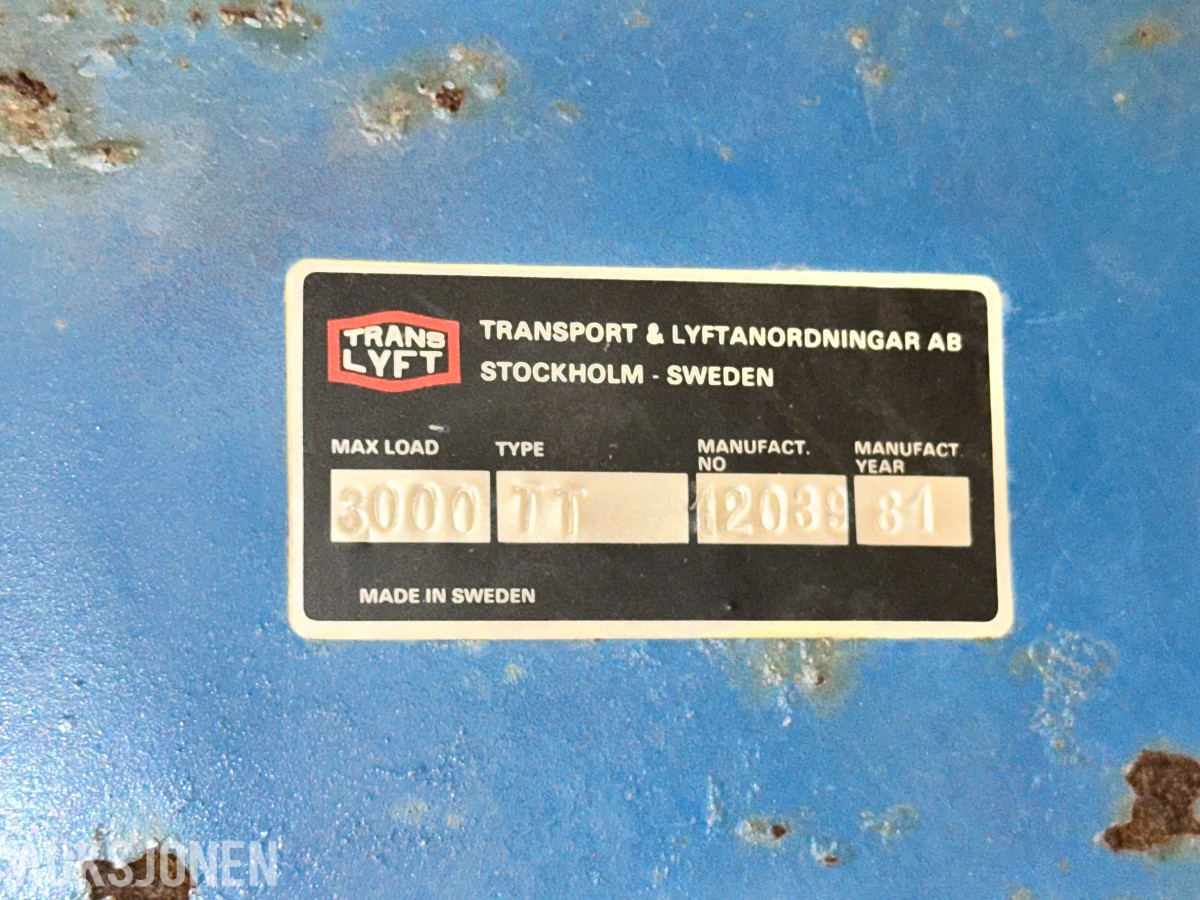 1981 Trans Lyft TT hydraulisk sakseløftebord - 3.000 kg løftekapasitet.