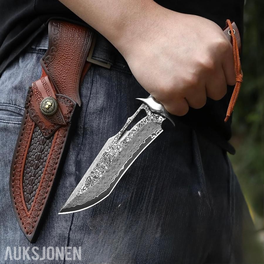 48 TIMERS AUKSJON - Damaskus Jaktkniv + Slipestein