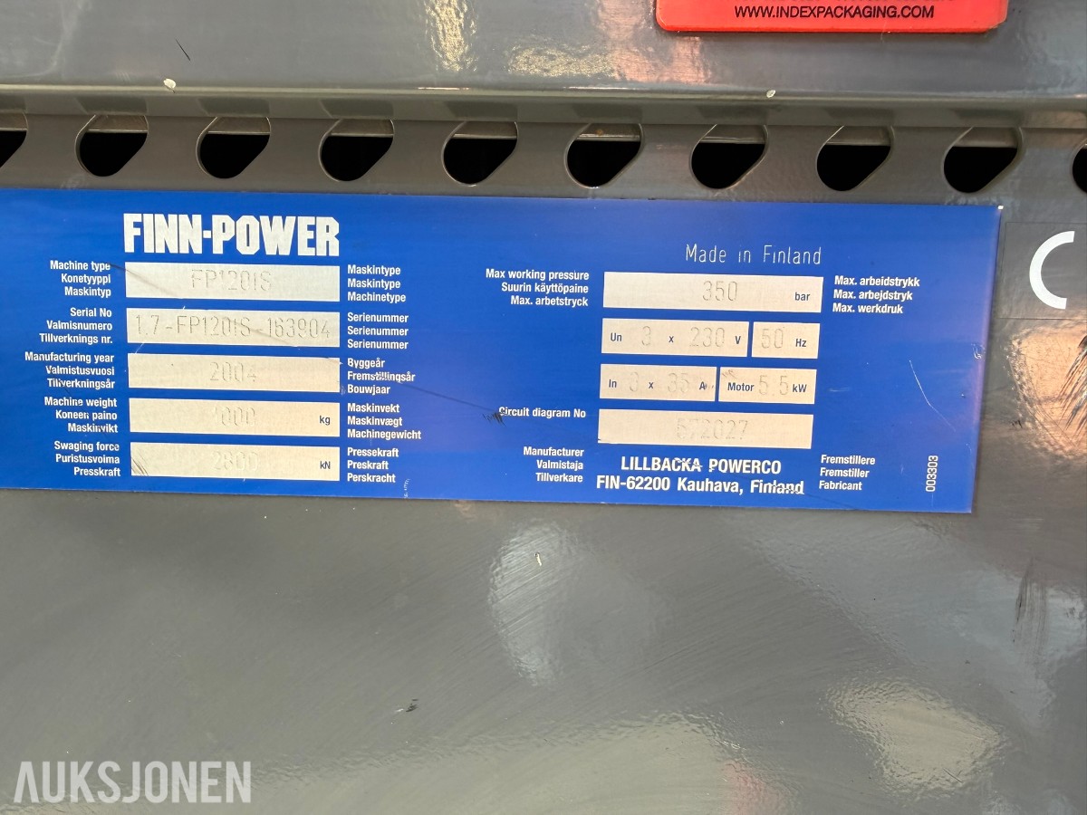 2004 Finn-Power FP120IS slangepresse – 2800 kN – Mange pressbakker – Reparasjonsobjekt