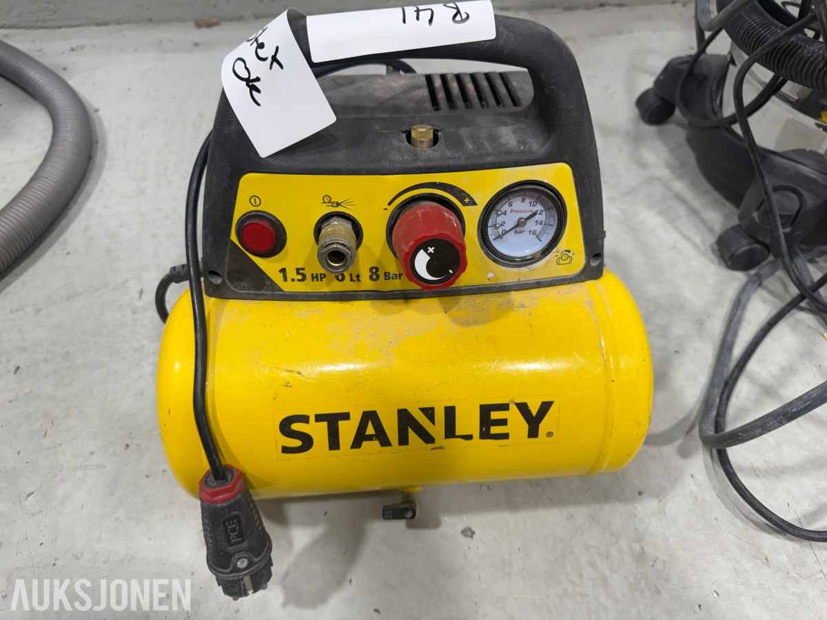 2 Stk våt-/tørrstøvsugere, Stanley kompressor og skjøtekabel