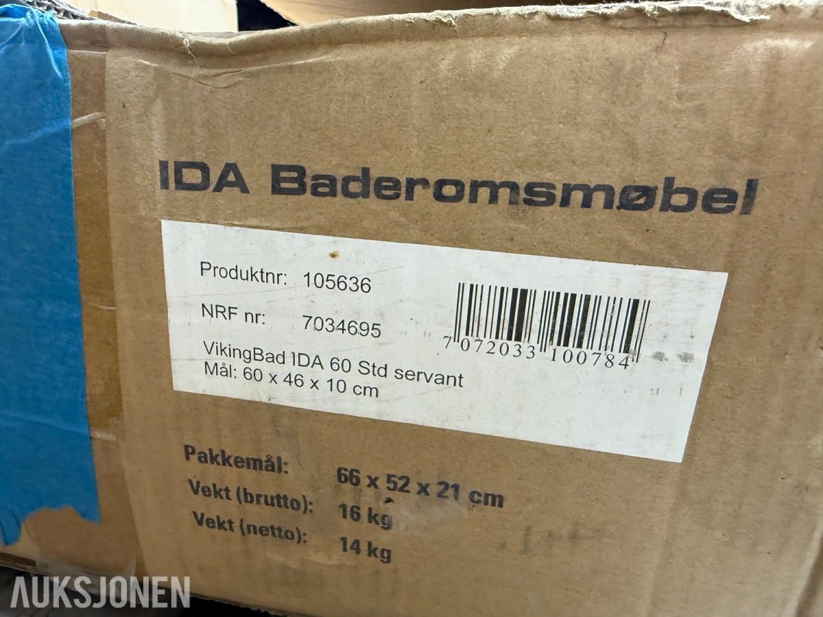 Parti med baderomsutstyr – servanter, toalettsete, servantskap og sanitærutstyr
