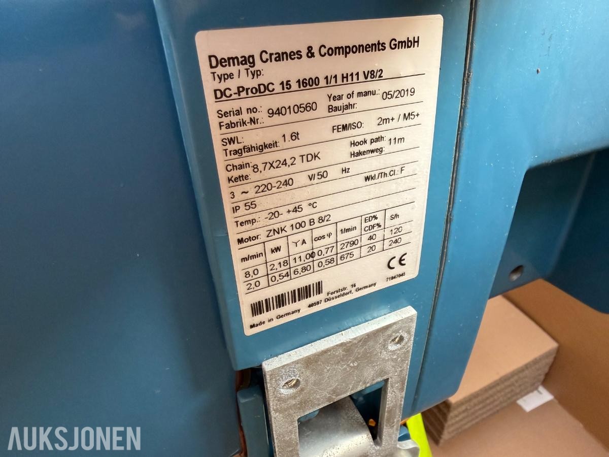 2019 NY Demag DC-ProDC 15 elektrisk kjettingtalje – 1,6 tonn – 2019