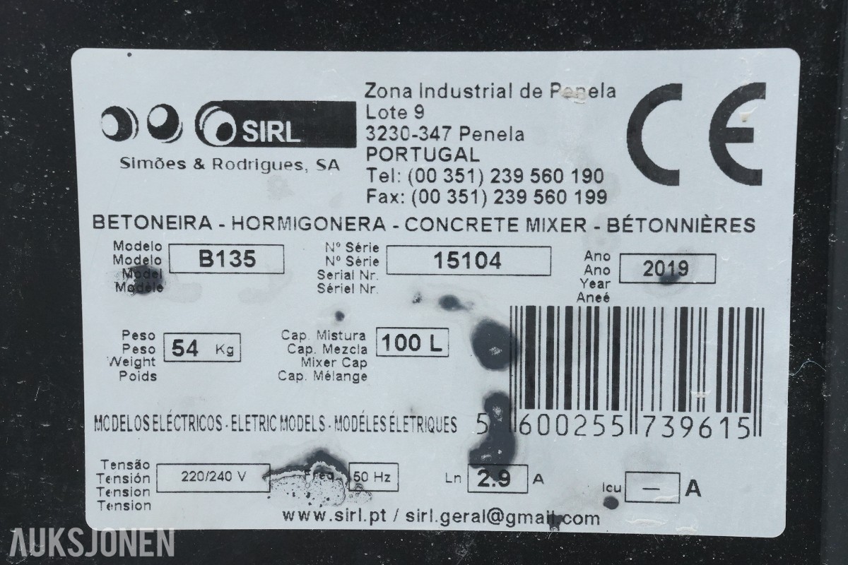 2019 SIRL B135 elektrisk betongblander – 100 liter blandevolum