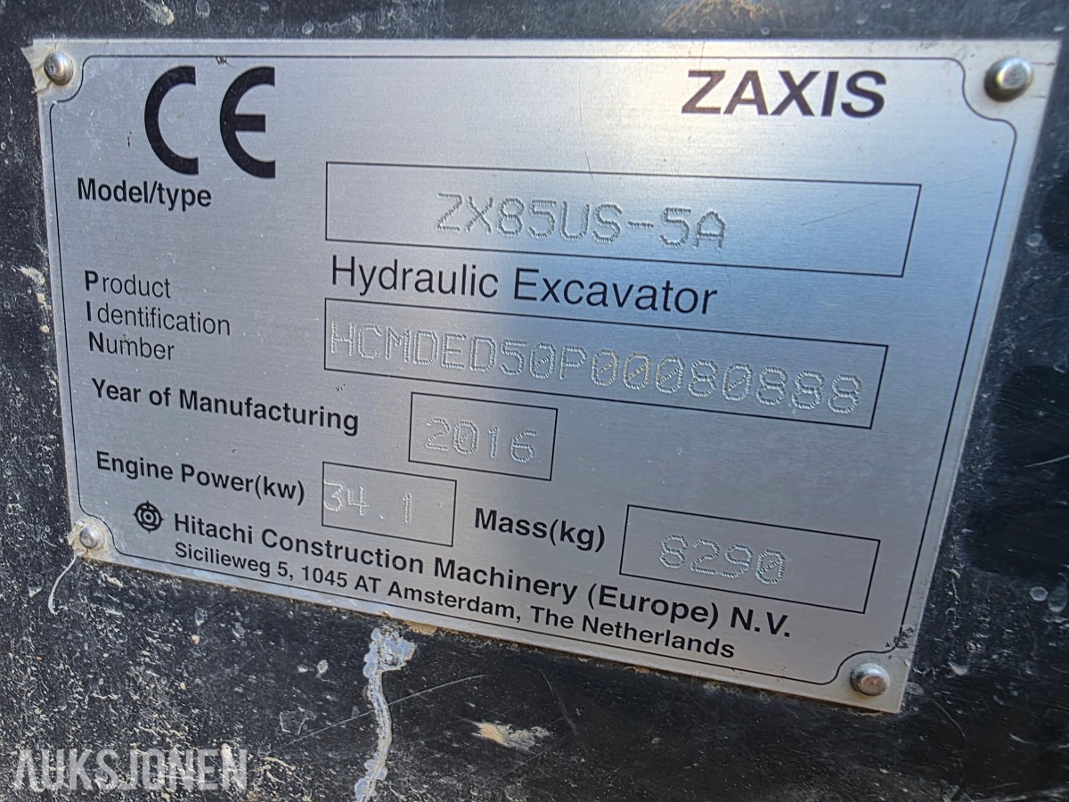 2016 Hitachi ZX85US-5A beltegraver 8 T engcon rotortilt-pusseskuffe-smalskuffe-sentralsmæring