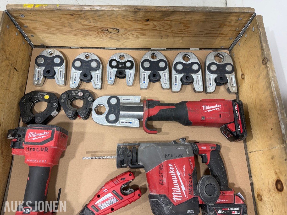 Milwaukee M18/M12 elektroverktøy, pressverktøy og Geberit Mapress pressbakker++