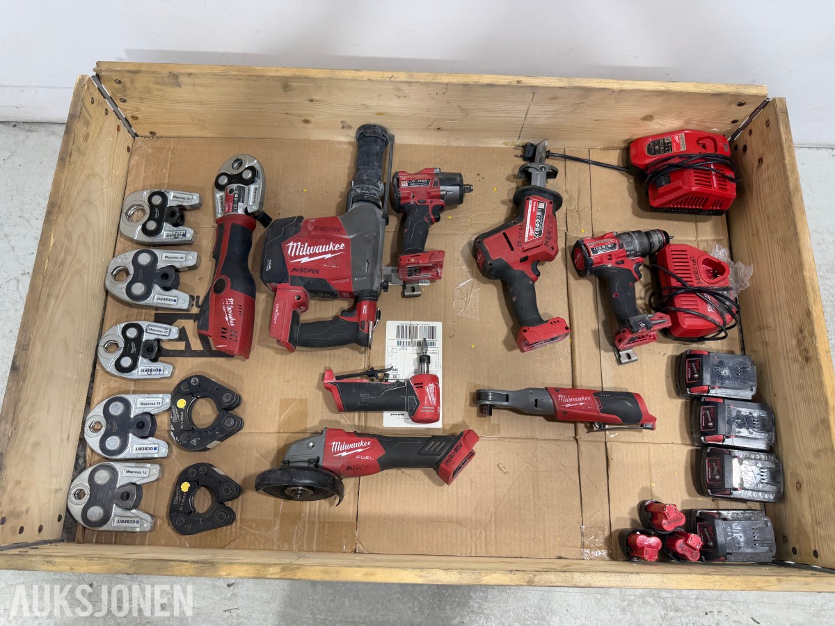 Milwaukee M18/M12 elektroverktøy, pressverktøy, pressbakker, batterier og ladere
