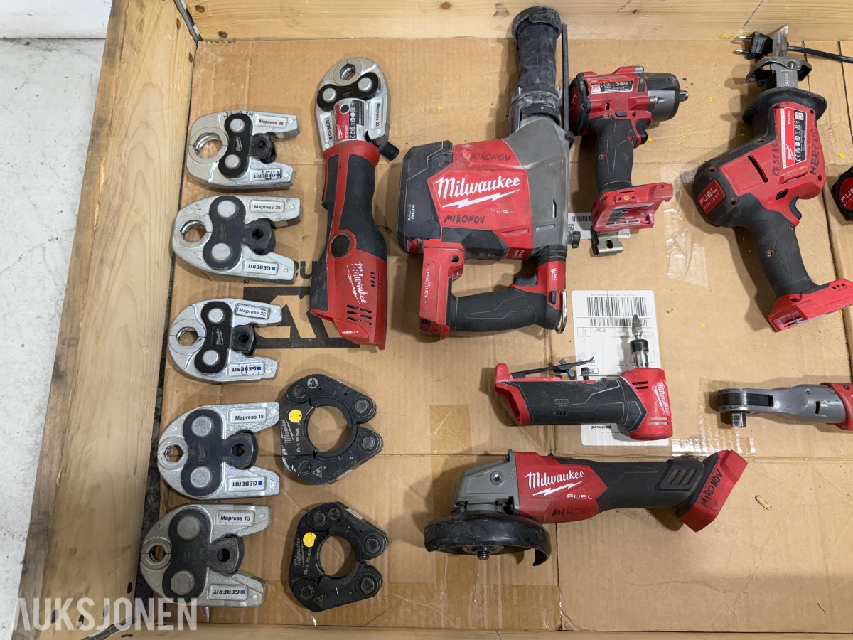 Milwaukee M18/M12 elektroverktøy, pressverktøy, pressbakker, batterier og ladere