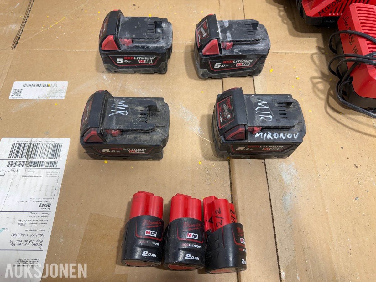 Milwaukee M18/M12 elektroverktøy, pressverktøy, pressbakker, batterier og ladere