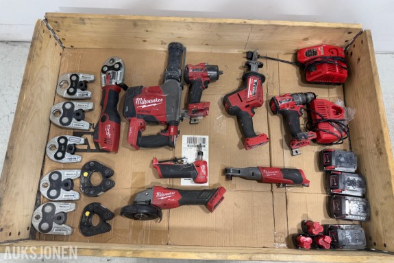 Milwaukee M18/M12 elektroverktøy, pressverktøy, pressbakker, batterier og ladere