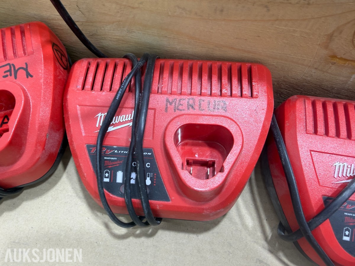 Milwaukee M12/M18 verktøy, batterier, ladere og Geberit Mapress pressbakker