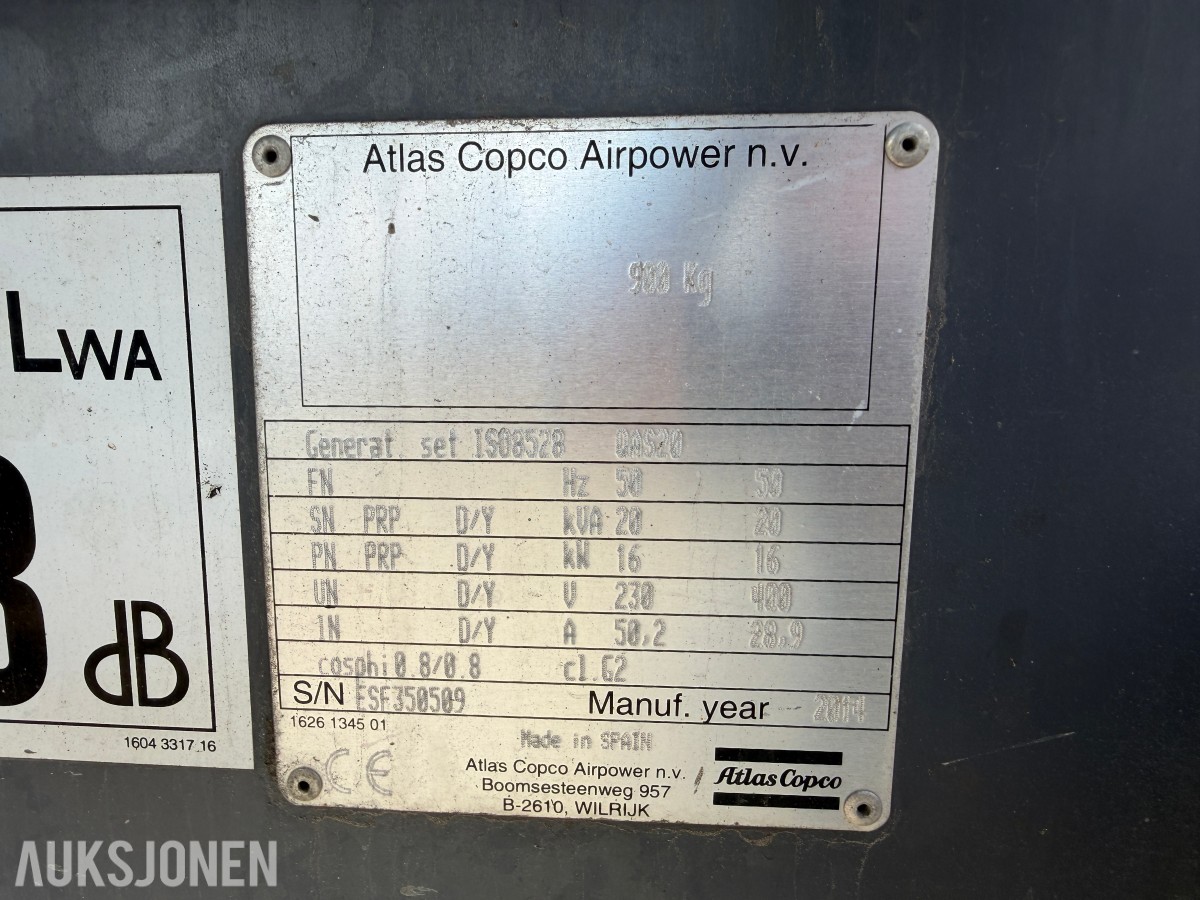 Atlas Copco QAS20 - tilhengermontert strømaggregat 20kVA - 16kW