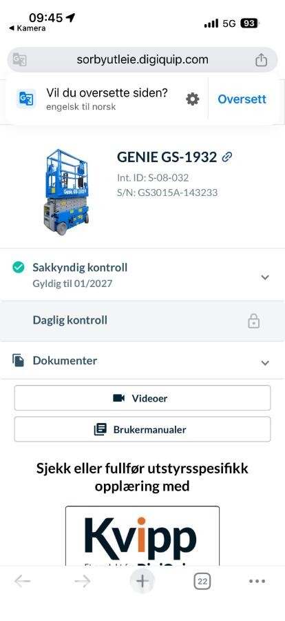 2015 Genie 1932 Sakselift - 249 timer.