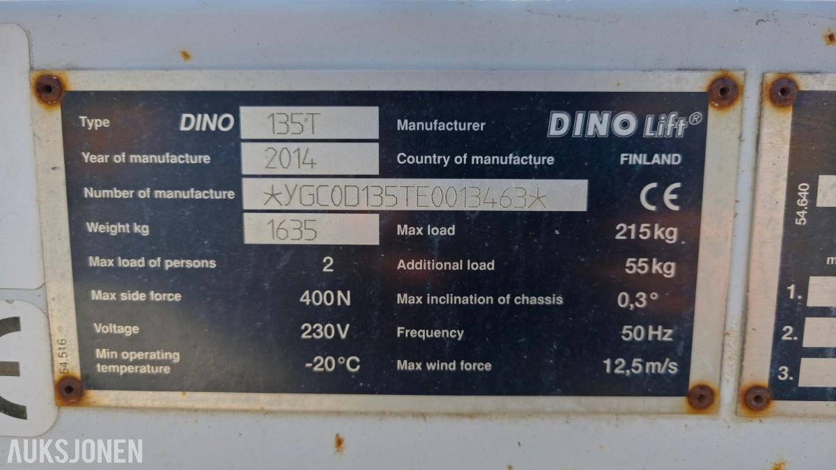 2014 Dino tilhengerlift 135T, 3900 timer