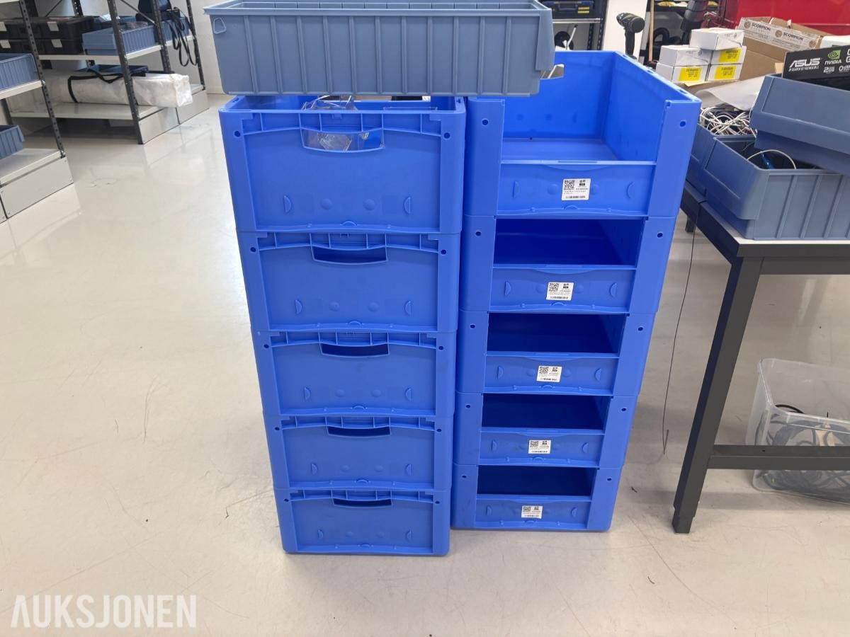 gjennomløpsreol / rullereol med plastkasser