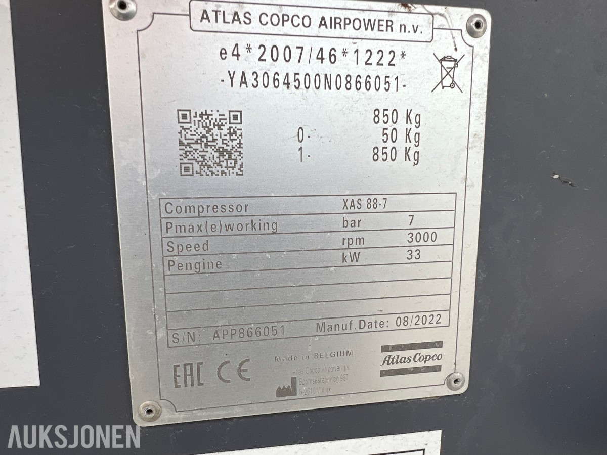 2022 Atlas Copco XAS 88-7 kompressor