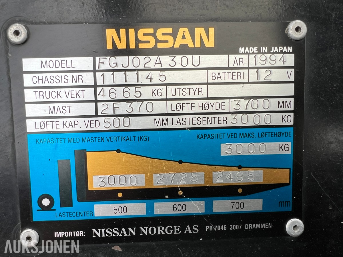 1994 Nissan FGU02A30U gaffeltruck - 3.000 kg - 3,7 m