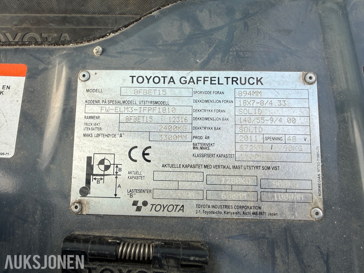 2011 Toyota 8FBET15 motvektstruck 1500KG LAVT TIMETALL