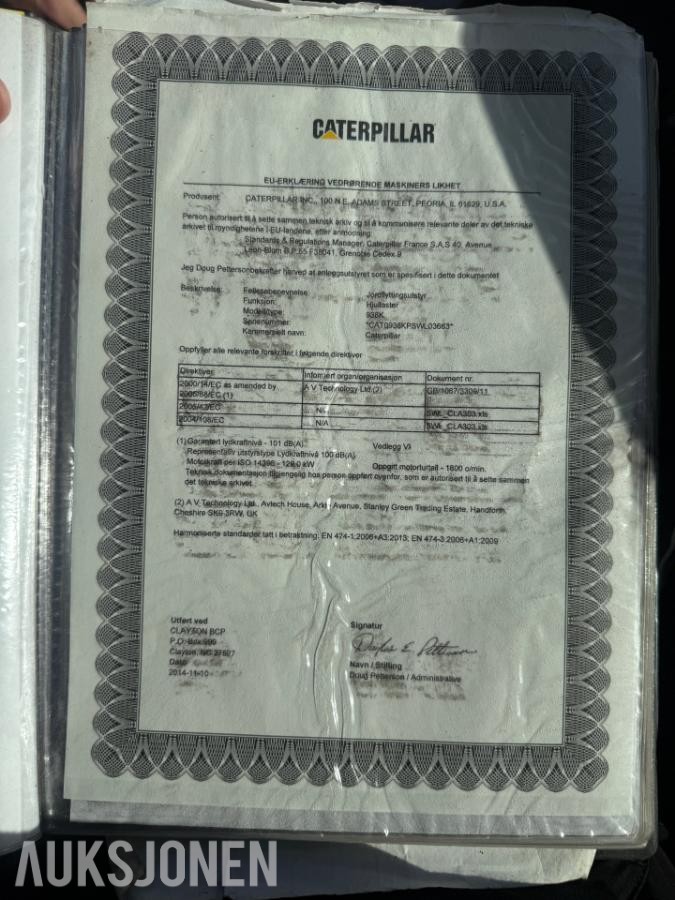 2014 Cat 938K HJULLASTER SERVICEAVTALE VELHOLDT SKUFF HUDRAULISK PALLEGAFFEL SENTRALSMØRING