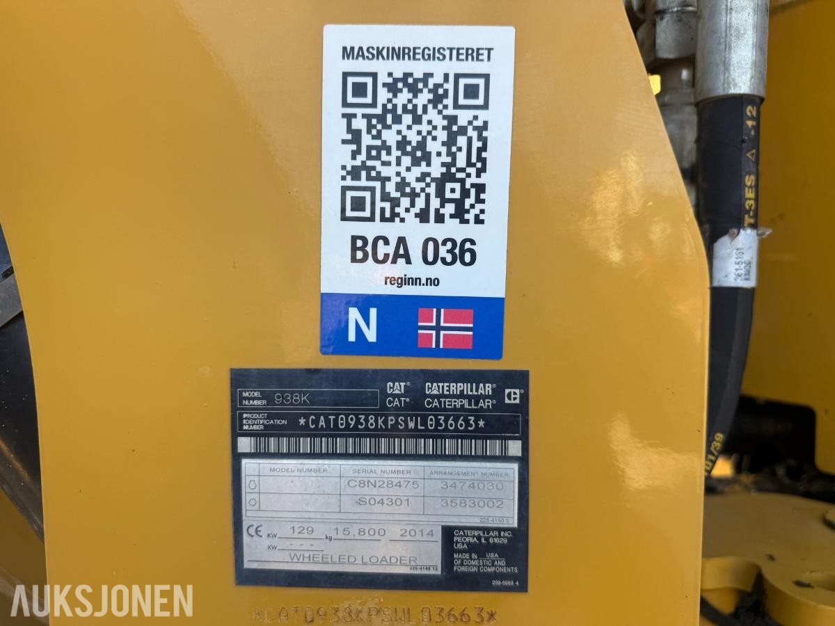 2014 Cat 938K HJULLASTER SERVICEAVTALE VELHOLDT SKUFF HUDRAULISK PALLEGAFFEL SENTRALSMØRING