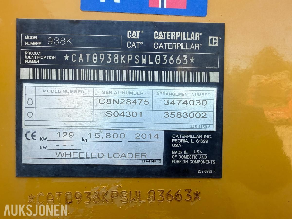 2014 Cat 938K HJULLASTER SERVICEAVTALE VELHOLDT SKUFF HUDRAULISK PALLEGAFFEL SENTRALSMØRING