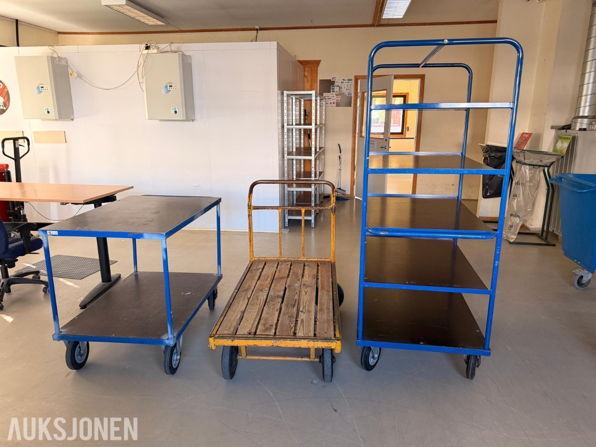 3 stk. transporttraller – plattformtralle og hylletraller
