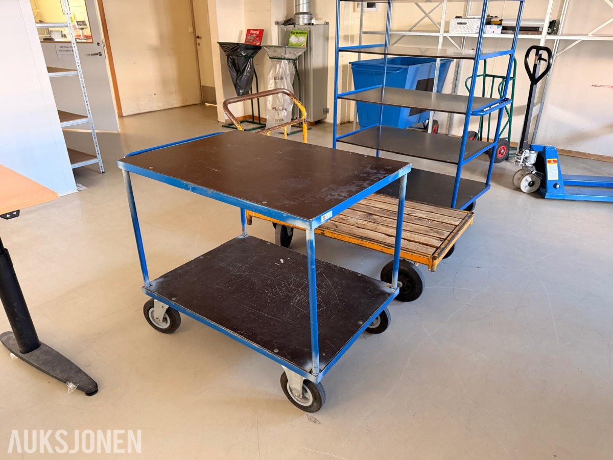 3 stk. transporttraller – plattformtralle og hylletraller