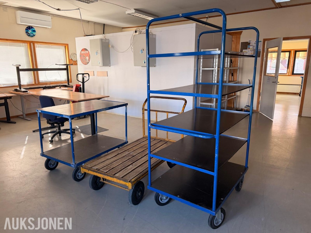 3 stk. transporttraller – plattformtralle og hylletraller