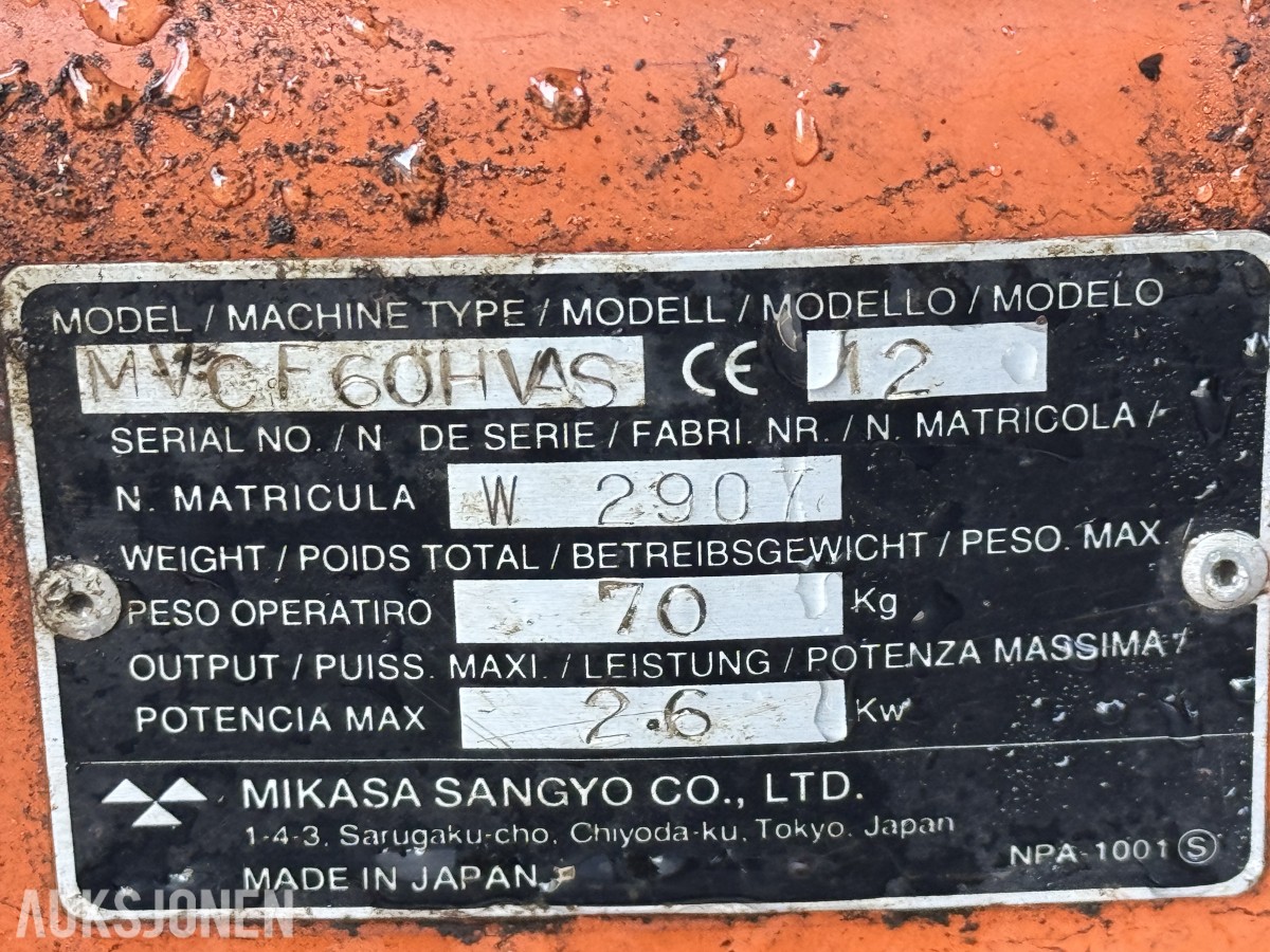 2012 Mikasa 70 kg vibroplate MVCF60HVAS