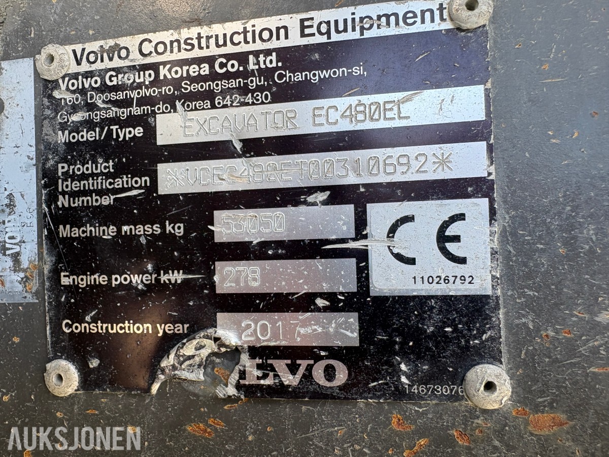 2017 Volvo EC480EL Beltegraver, KM3 HK-feste, 3000 l graveskuffe, sentralsmøring, 11 792 timer - nylig sertifisert