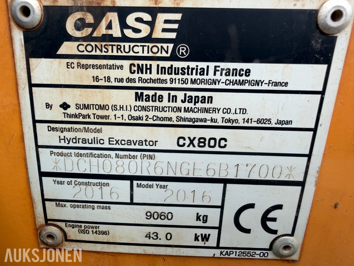 2016 Case CX80 C Beltegraver, 4072 t, Steelwrist X12, skjær og 2 skuffer