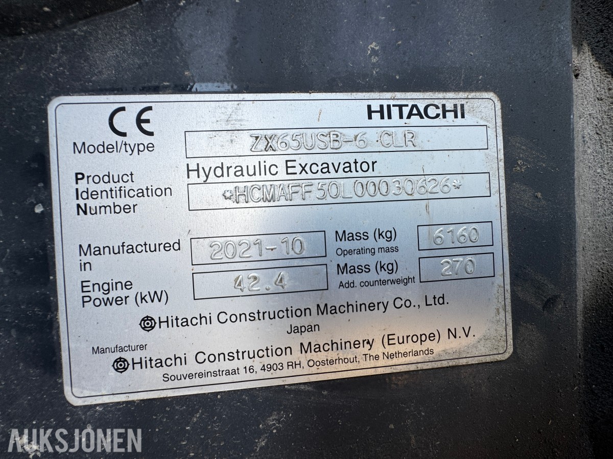2021 Hitachi ZX65USB-6 CLR minigraver 6 tonn - Sentralsmøring - Tiltrotator - Pussskuffe - Graveskuffe - Sertifisert