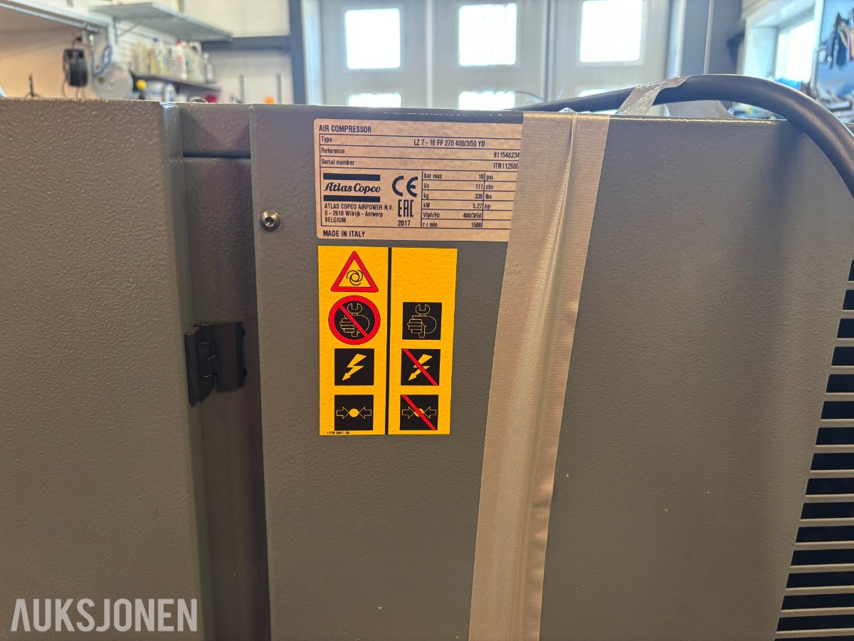 Atlas Copco LZ7-10 FF trykkluftanlegg med 270 liters tank og Atlas Copco FX3 kjøletørke.