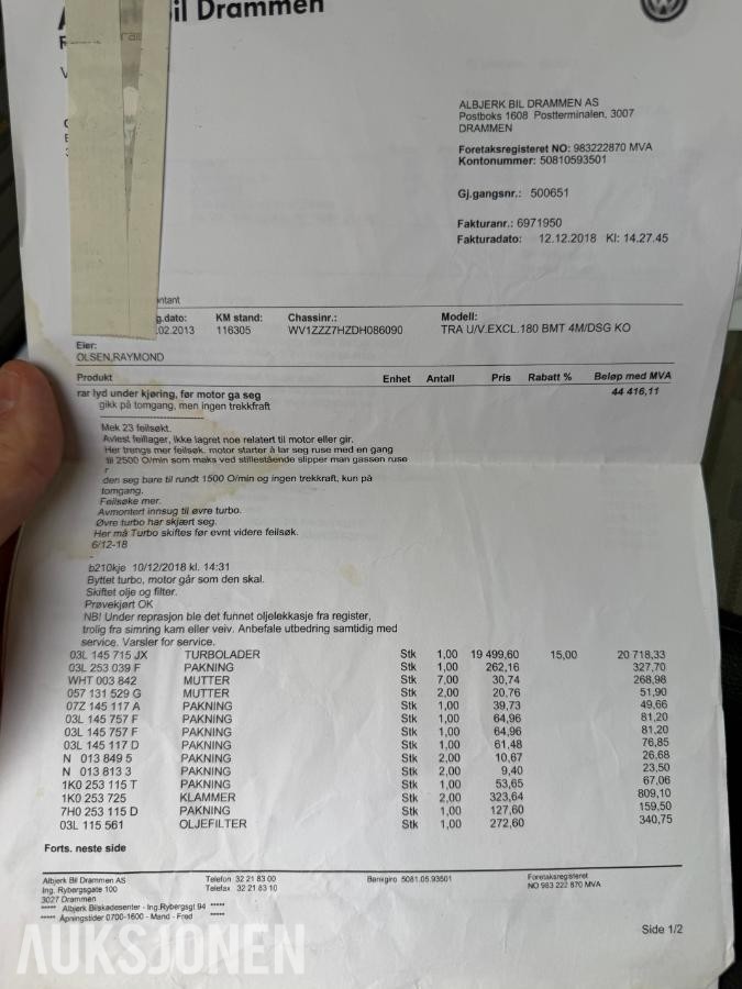 2013 Volkswagen Transporter Exclusive 2.0 Diesel 4MOTION, Reparasjonsobjekt