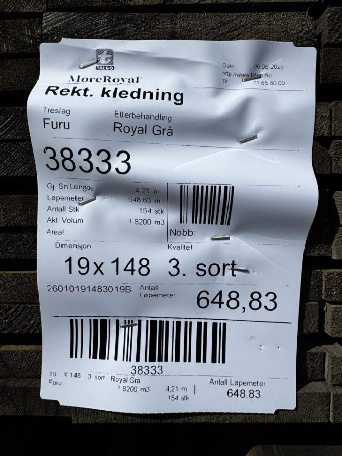 Royal impregnert Rektangulær kledning - Royal grå - Furu 19x148 - 1 pakke - Totalt 648 meter