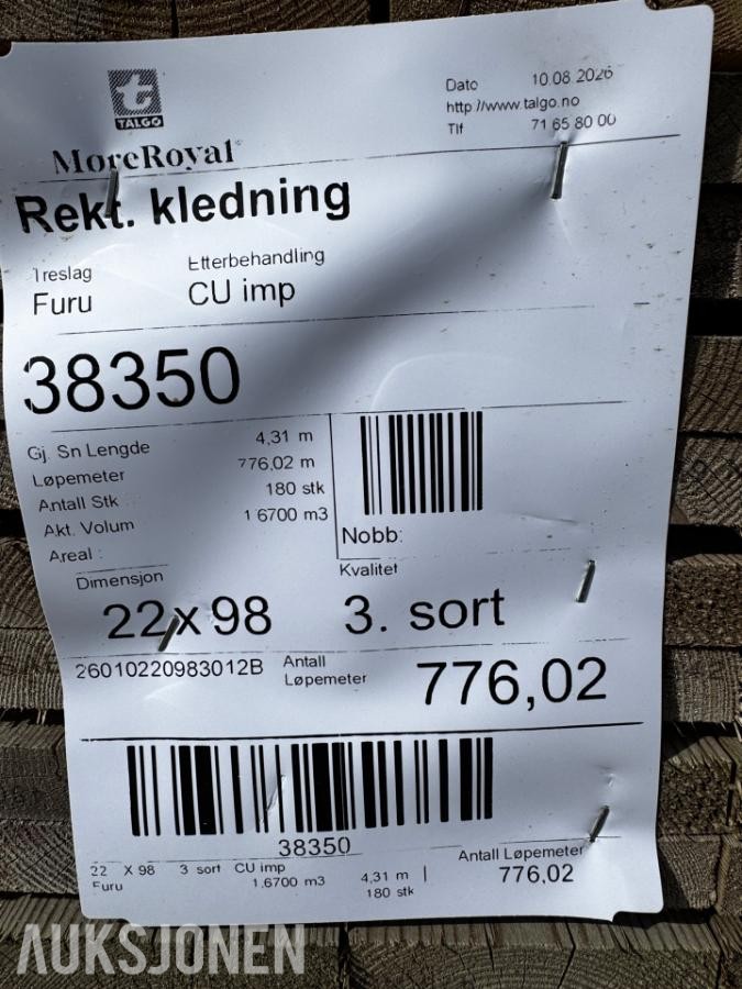 CU impregnert Rektangulær kledning - Furu 22x98 - 1 pakke - Totalt 776 meter